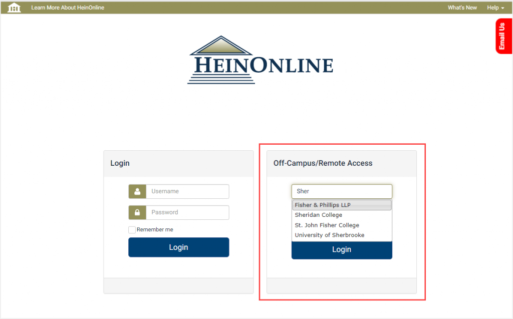 screenshot of HeinOnline off-campus login