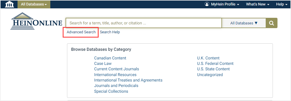 screenshot of HeinOnline Welcome Screen featuring Advanced Search option