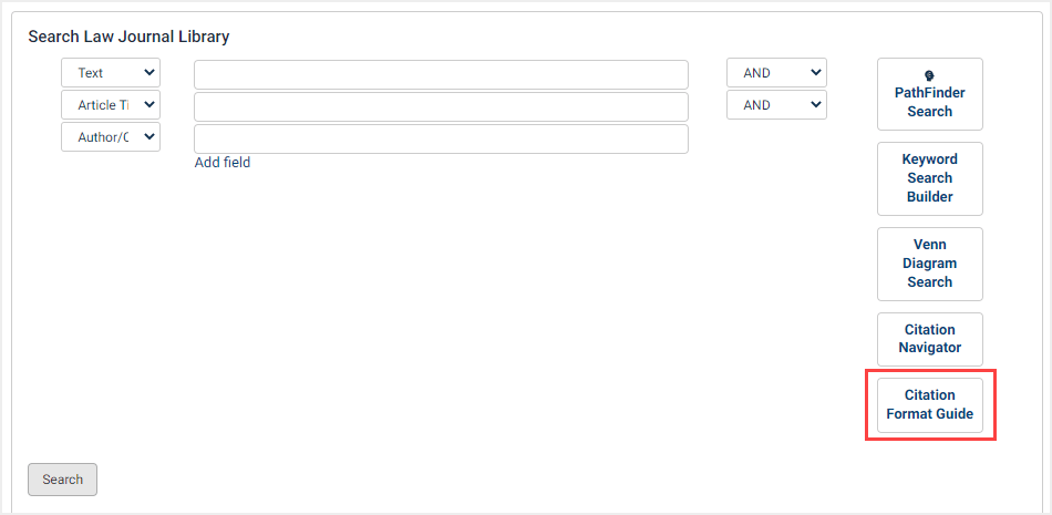 Screenshot of Citation Format Guide option within Law Journal Library Advanced Search