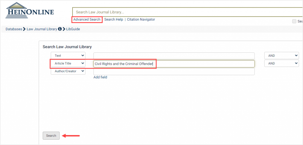 screenshot of advanced search in HeinOnline's Law Journal Library