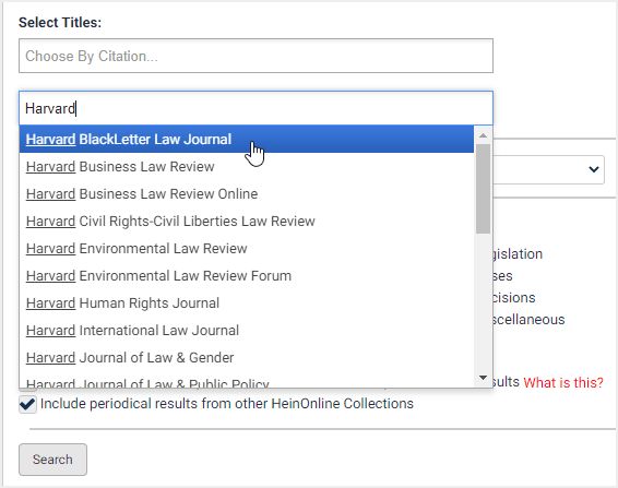 Screenshot of title search in Advanced Search in Law Journal Library