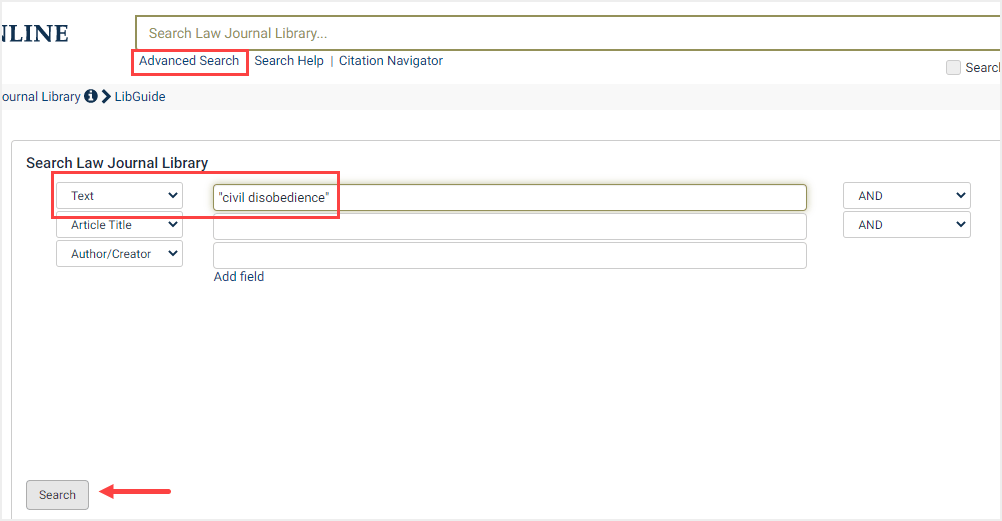 screenshot of Advanced Search in HeinOnline's Law Journal Library