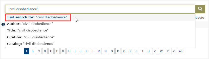 screenshot of "Just search for" option in HeinOnline search bar