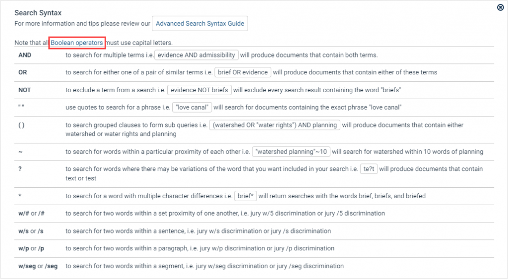 screenshot of search syntax help in HeinOnline