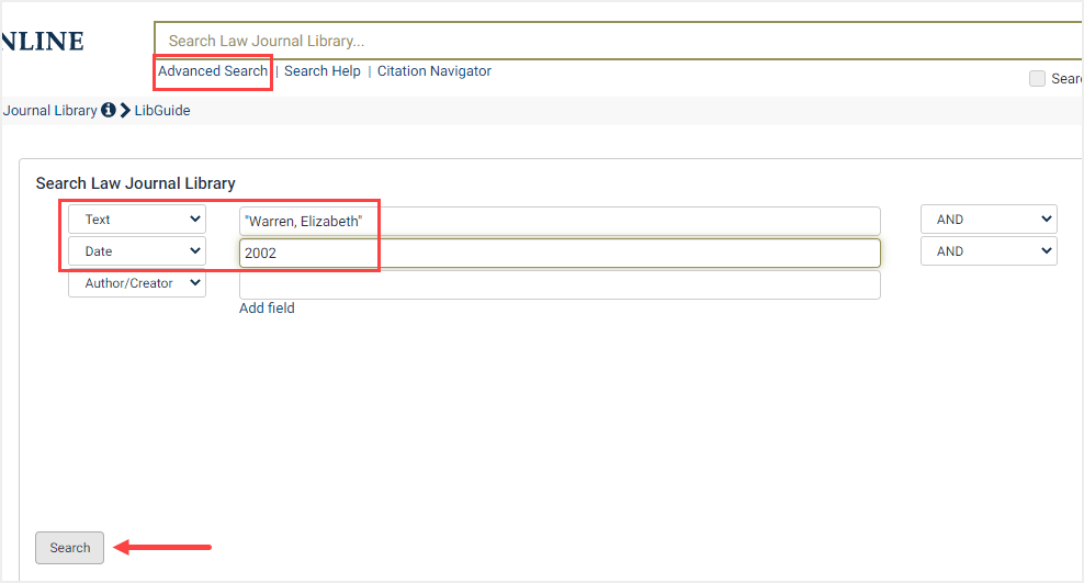 screenshot of Advanced Search in HeinOnline's Law Journal Library