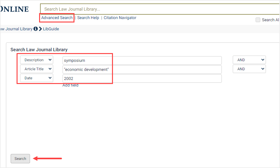 screenshot of advanced search in HeinOnline' Law Journal Library