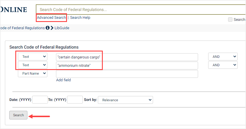 screenshot of Advanced Search method for search by keyword in the Code of Federal Regulations