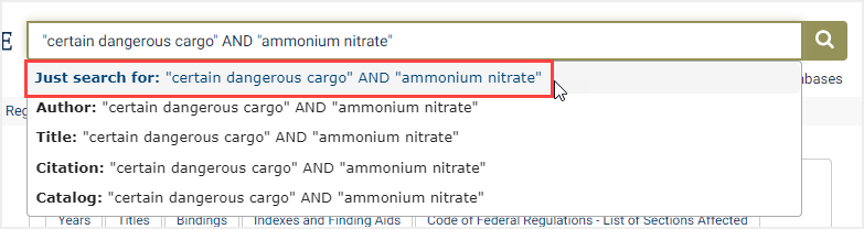screenshot of one-box search option for keyword search in the CFR
