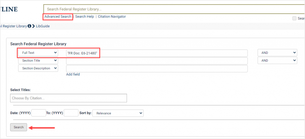 screenshot of Advanced Search in Federal Register Library in HeinOnline