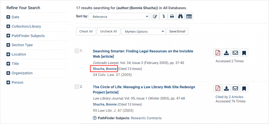 Search results in HeinOnline for author name