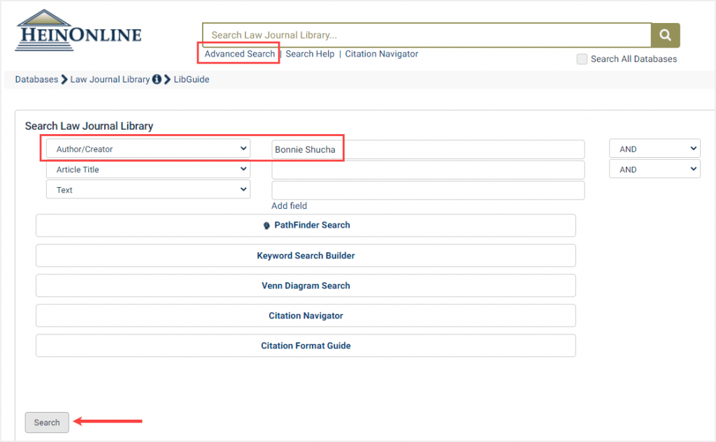 Law Journal Library advanced search for author