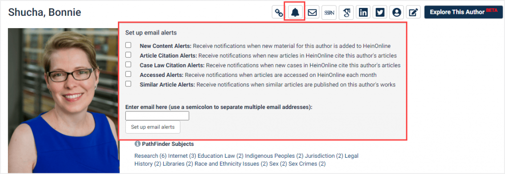 Bonnie Shucha author profile page showing how to set up email alerts