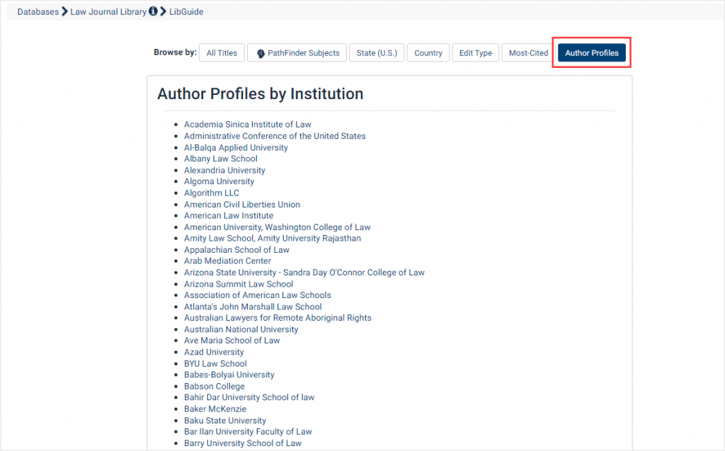 Author Profiles by Institution within the Law Journal Library