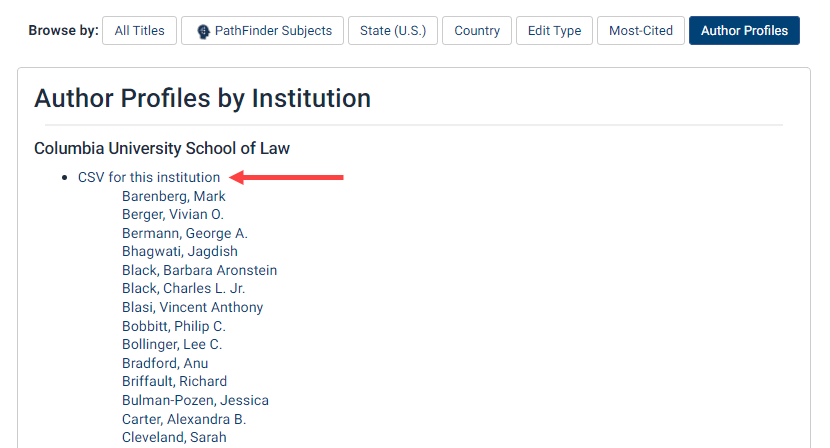Author Profiles by Institution, downloading a CSV of authors in the Law Journal Library