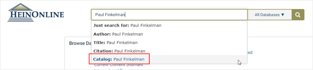 Book author search in HeinOnline's catalog