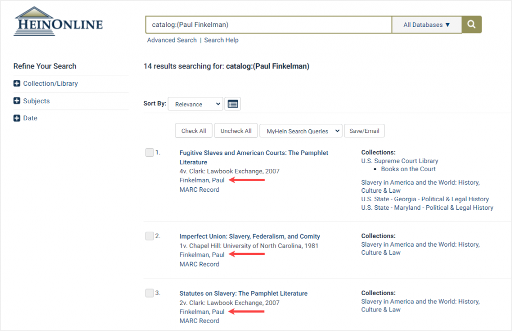 Book author search results in HeinOnline's catalog