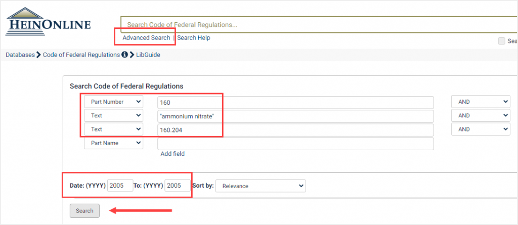 Advanced search in the Code of Federal Regulations database