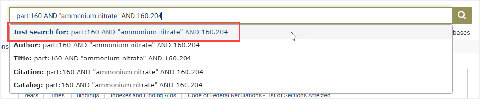 One-box search in the Code of Federal Regulations database