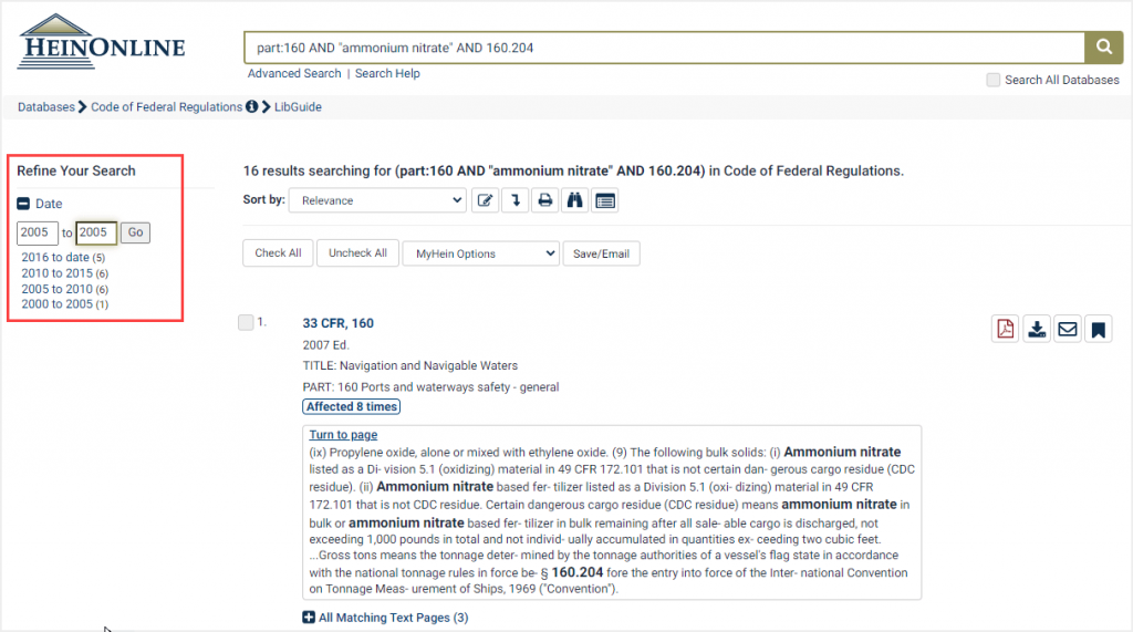 Search results for part number within Code of Federal Regulations, highlighting Refine Your Search
