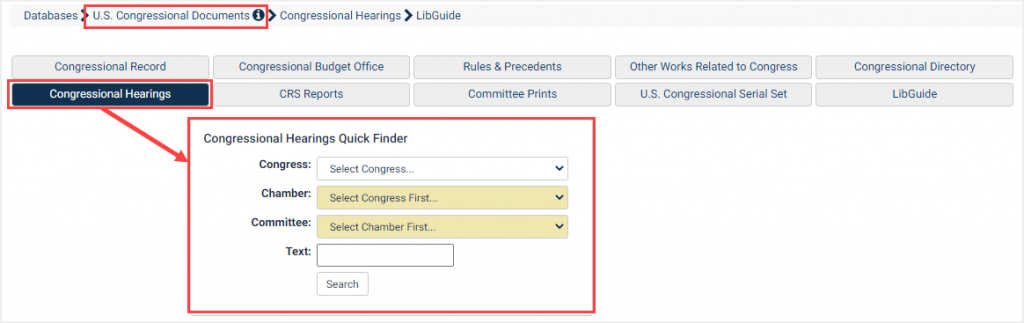 U.S. Congressional Documents quick finder tool for congressional hearings