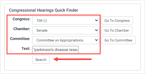 Congressional Hearing Quick Finder search example