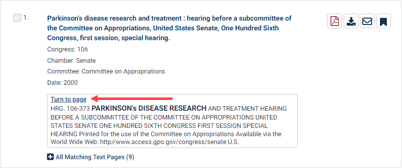 Search result using the congresssional hearings quick finder tool