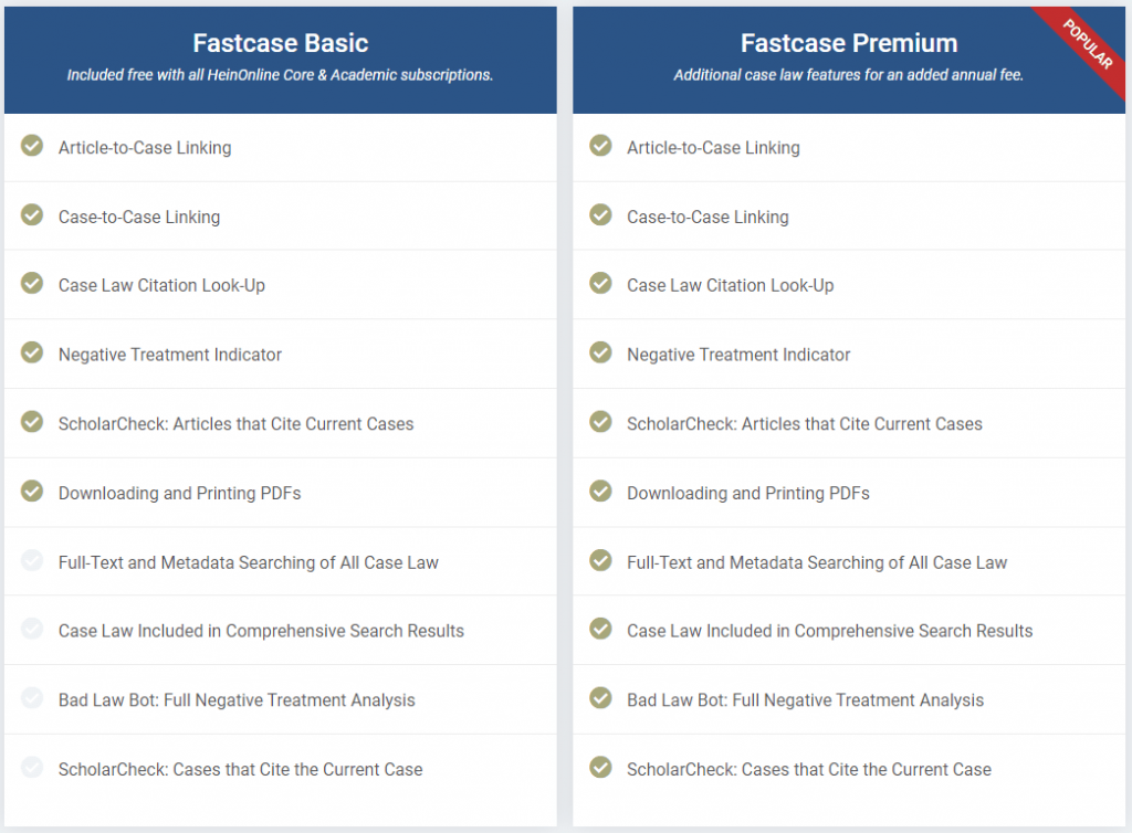 Chart showing the differences between Fastcase Basic and Premium.
