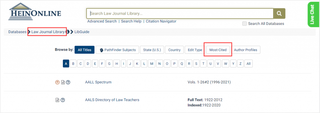 HeinOnlline's Law Journal Library homepage
