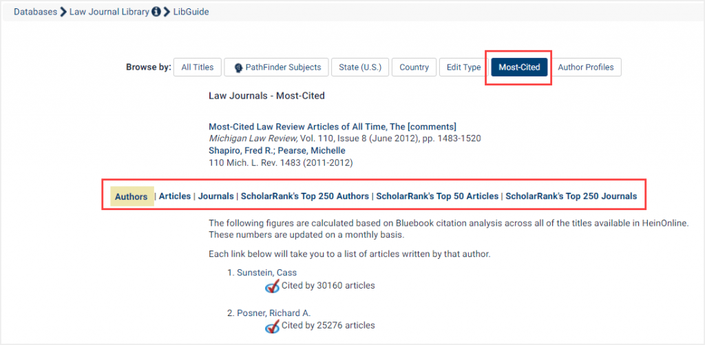 HeinOnline's Law Journal Library showing the Most-Cited options page