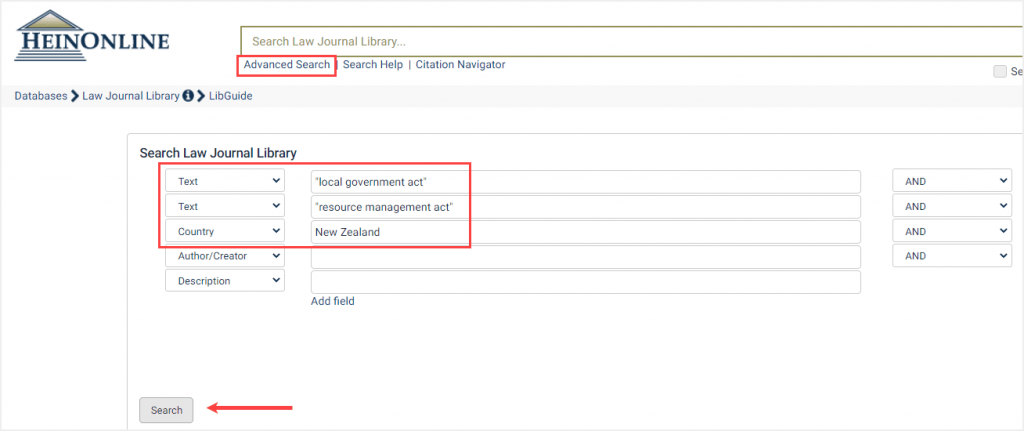 Advanced search by country in the law journal library