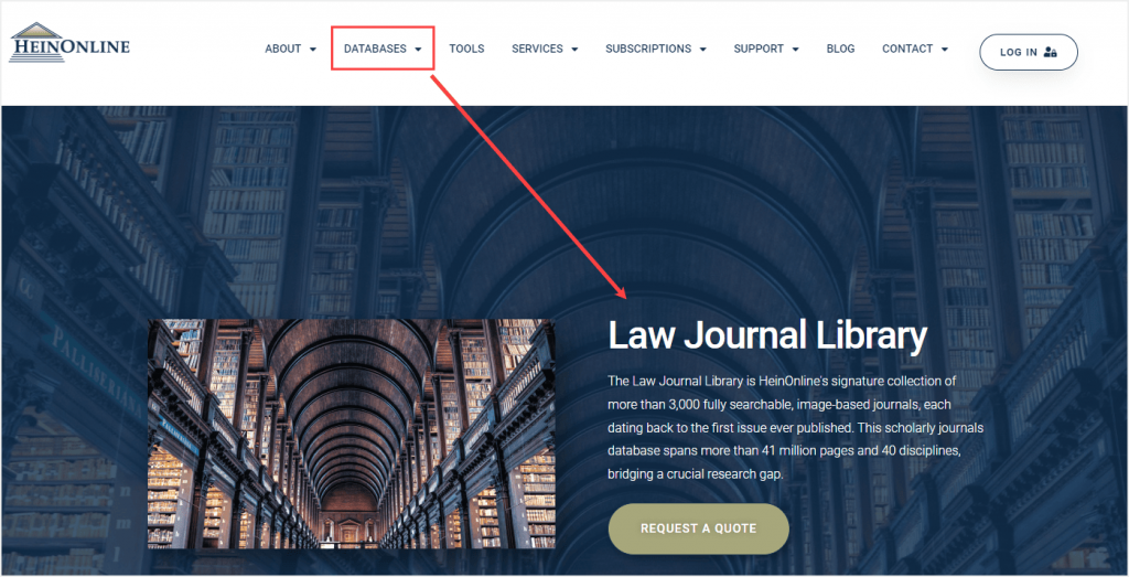 Screenshot showing the database navigation and the law Journal Library webpage