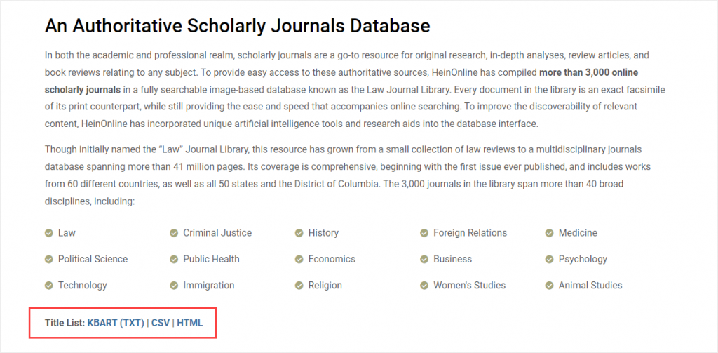 Screenshot of the introduction to the Law Journals Library Webpage