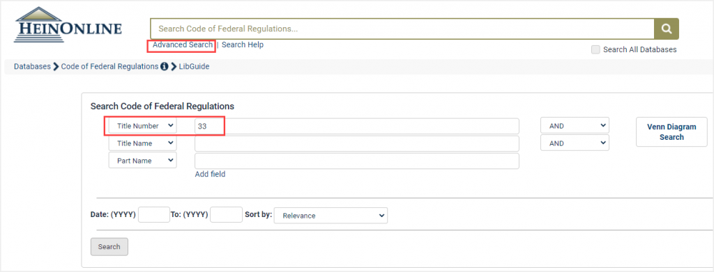 image of advanced search where user can search by Title Number or Title Name in the CFR