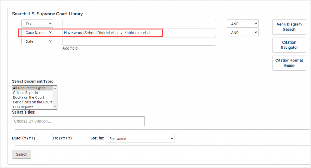 image of a search for a case name using Advanced Search in HeinOnline