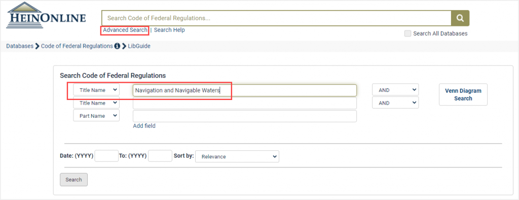 image of advanced search where user can search by Title Number or Title Name in the CFR