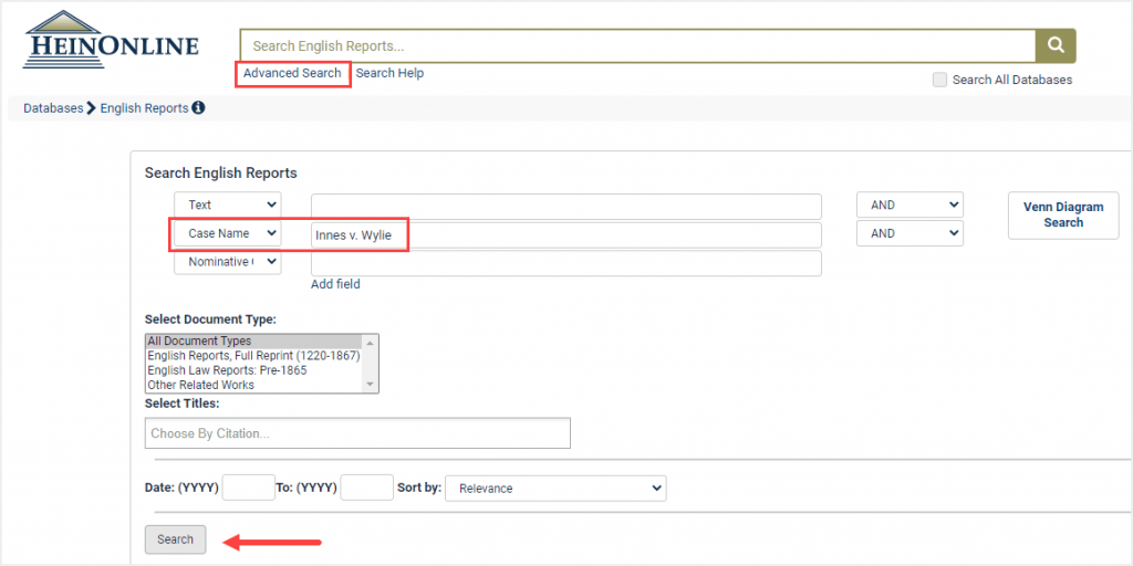 image of Advanced Search for case name within English Reports