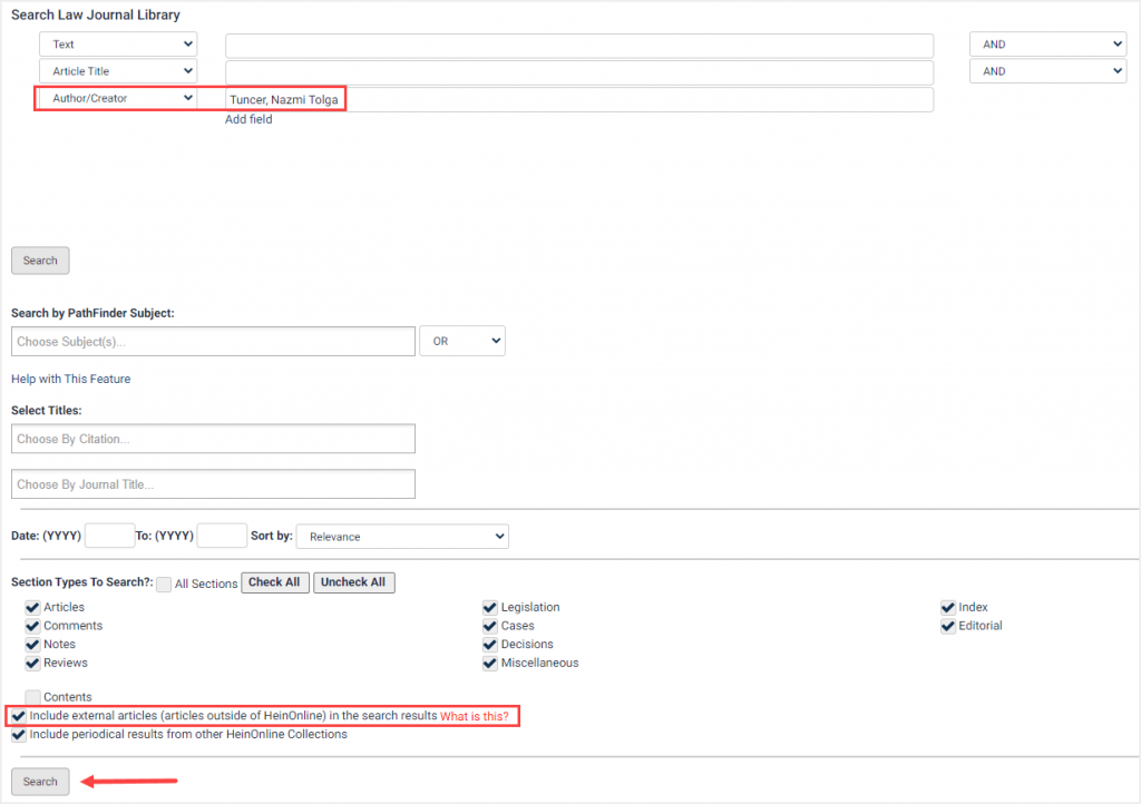 screenshot of advanced search in Law Journal Library