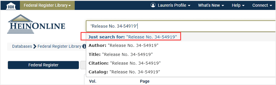 image of a search for release number in HeinOnline
