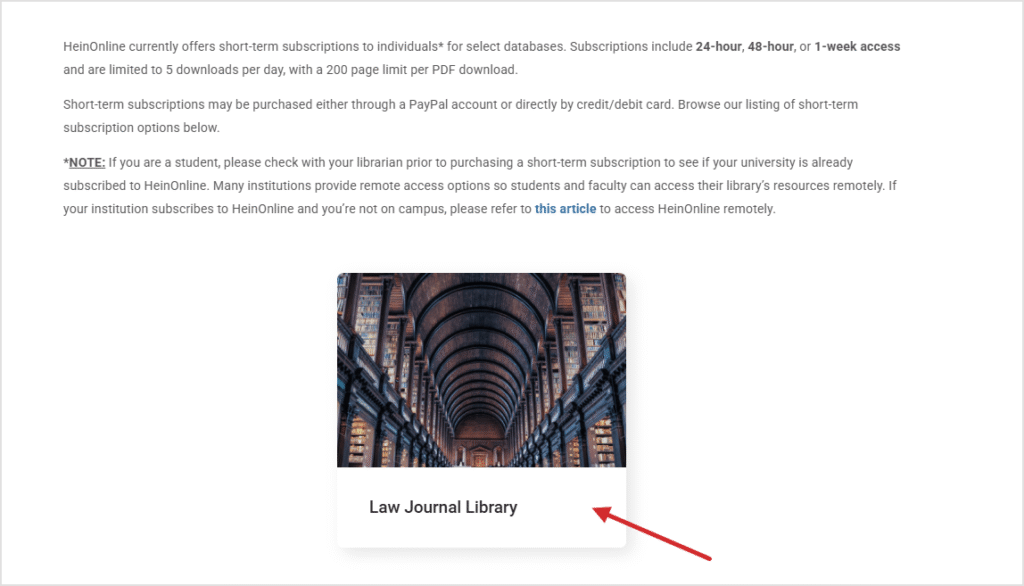 HeinOnline's short-term subscription page