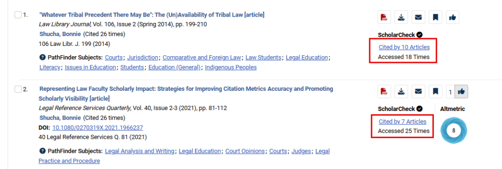 ScholarCheck metrics displaying on an author's profile page