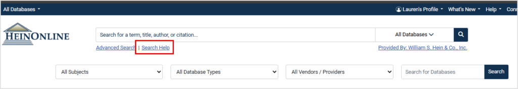 Search Help link under the one-box search in HeinOnline