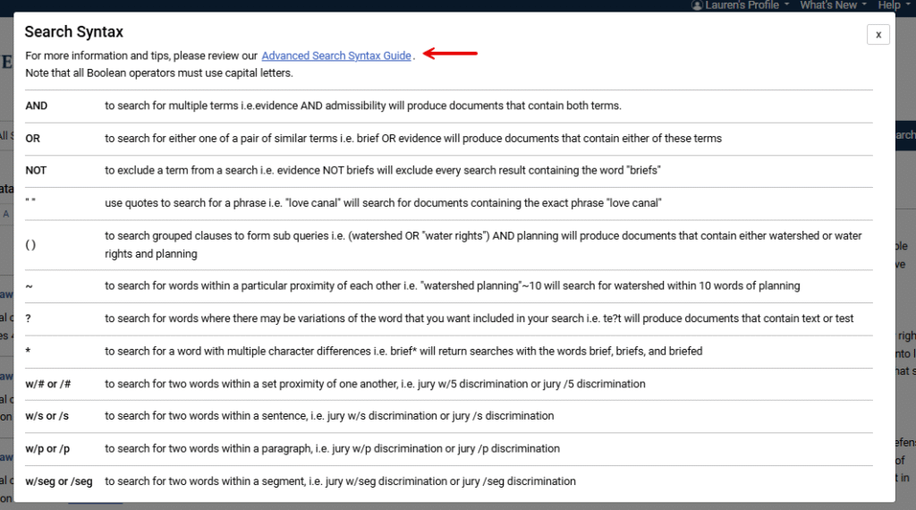 Advanced Search guide in HeinOnline
