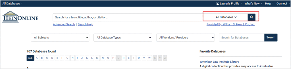 Database selector tool on the HeinOnline welcome page