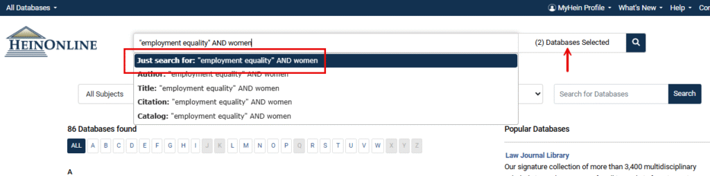 searching by specific databases in HeinOnline on the welcome page