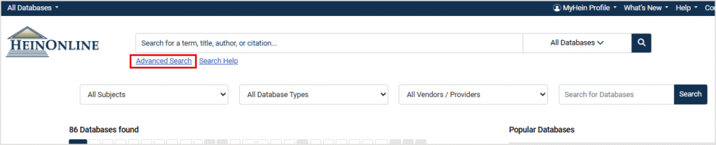 Advanced Search option on the HeinOnline welcome page
