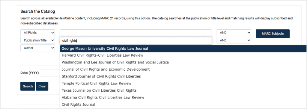 publication title search example under the 'Search the Catalog' option in HeinOnline