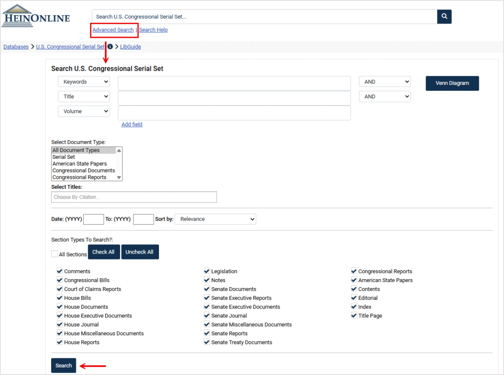 U.S. Congressional Serial Set Advanced Search options