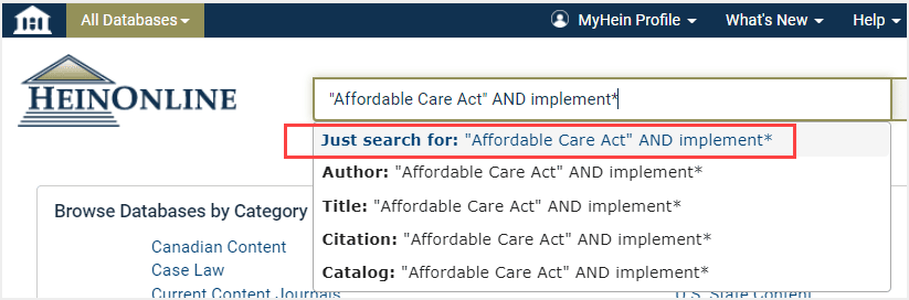 image of a search to find information on a certain topic in HeinOnline