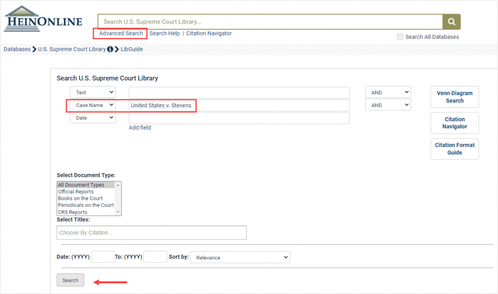 image of Advanced Search within U.S. Supreme Court Library