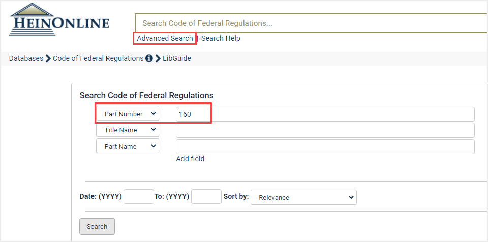 image of where to search for part number or part name in the CFR